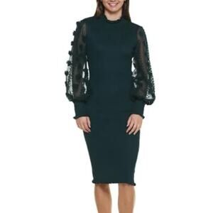 Juniors Almost Famous Mesh Pom Pom Sleeve Sweater Dress Large Green NWT